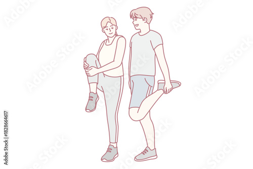two people stretching together in warmup session partner assisting leg stretch casual workout clothes supportive conversation mobility focus balanced posture shared