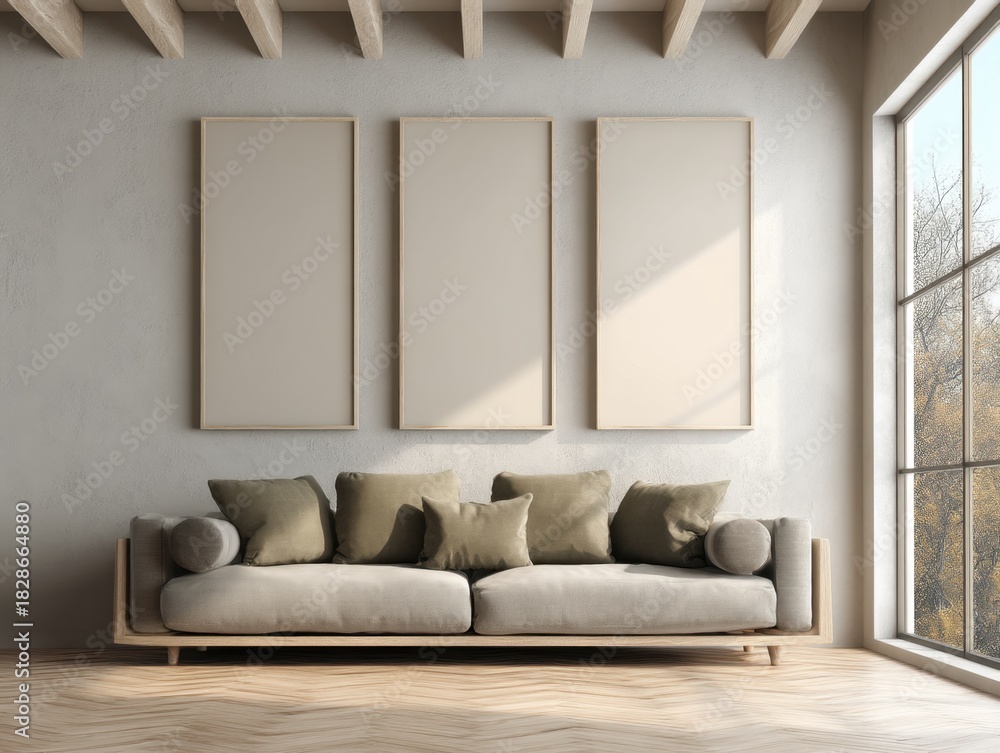 Fototapeta premium A white couch with three pillows on it. The couch is in a room with three empty picture frames on the wall