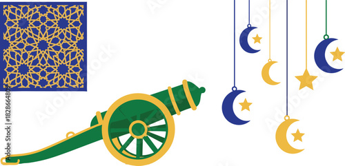Ramadan cannon and crescent moon decorations with islamic pattern