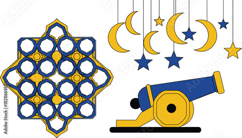 Ramadan decorations including a star lantern crescent moons stars and a cannon