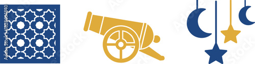 Ramadan kareem islamic symbols cannon moon stars and geometric pattern