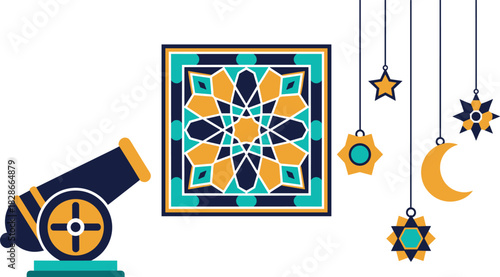 Ramadan cannon and islamic geometric art with hanging lanterns and crescent moon