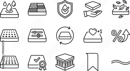 Mattress Quality, Comfort, Waterproof, Breathable, Adjustable Settings, Rotation, and Percentage Increase Line Icons