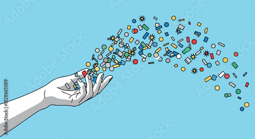 Hand releasing colorful shapes concept with transparent background