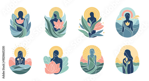 Woman with lotus flower in circular compositions