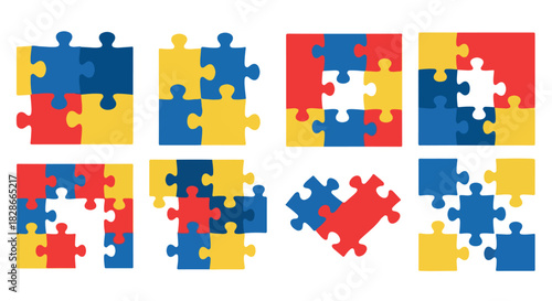 Colorful puzzle pieces arranged in square groupings