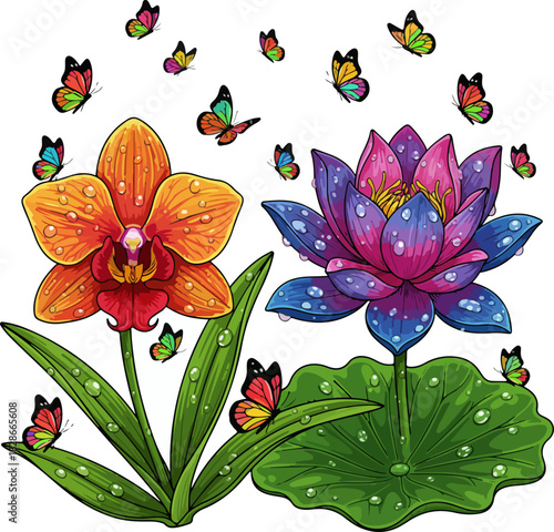 Two Dewy World’s Most Beautiful Flowers with Colorful Butterflies – Ultra Detailed Vector Art