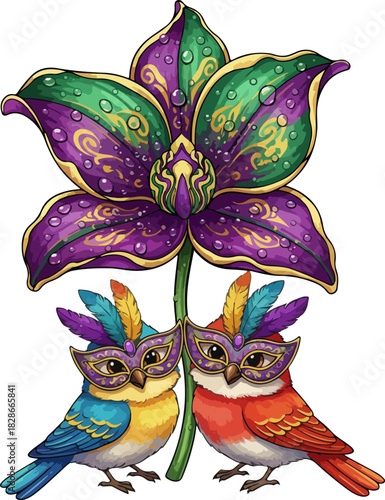 World’s Most Beautiful Mardi Gras Flower with Two Masked Birds – Ultra Detailed Vector Art