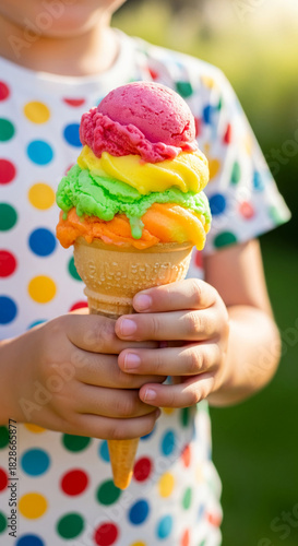 Child holds a colorful ice cream cone with pink, yellow, green, and orange scoops, representing childhood joy and a sweet summer treat