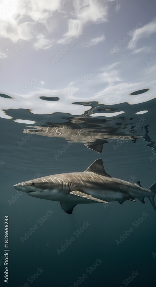 Fototapeta premium Shark swimming near the surface of the ocean under a cloudy sky