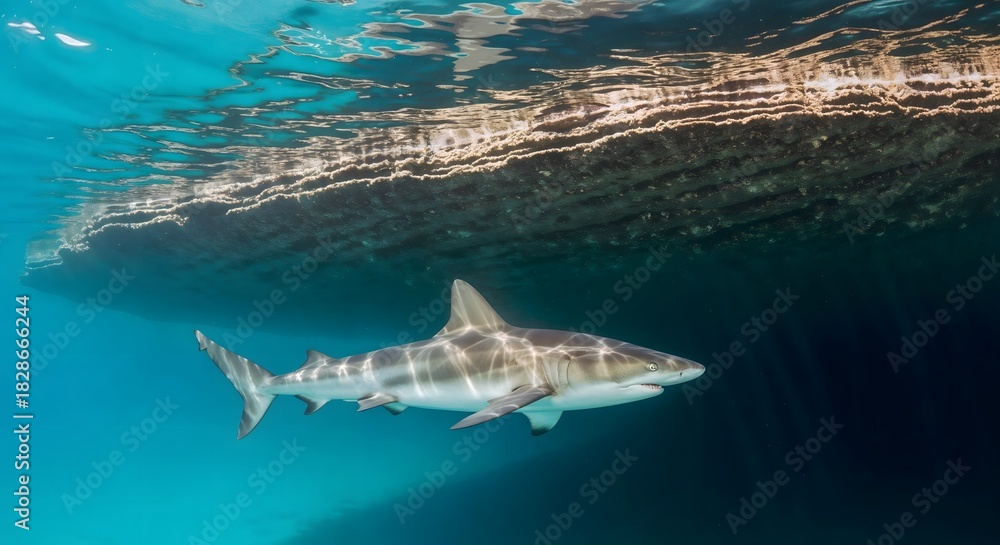 Fototapeta premium Shark swims beneath a boat in clear blue ocean water