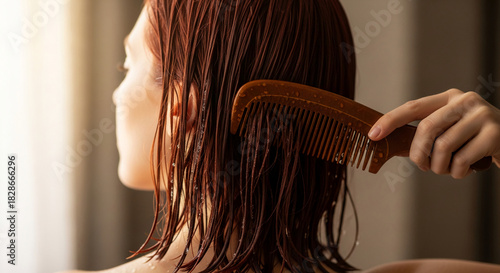 Close-up of auburn wet hair being combed with a wooden comb, representing hair care, hygiene and beauty routine for a healthy, shiny look
