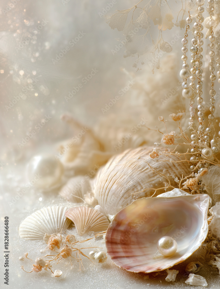 Obraz premium Elegant seashell still life with soft beige tones, natural pearl, delicate dried florals and dreamy coastal atmosphere creating a serene romantic aesthetic for design and decor projects