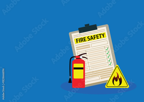 Fire fighting checklist. Extinguisher and paper tablet with checkmarks. Document at clipboard. Firefighting safety. Flame prevention checklist page. Extinguishing guidance
