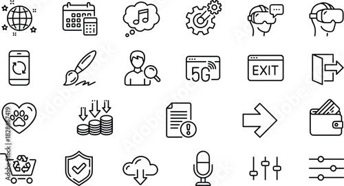 Virtual Reality, Global Technology, Finance, E-commerce, Settings, Music, and Creative Design Outline Line Icons