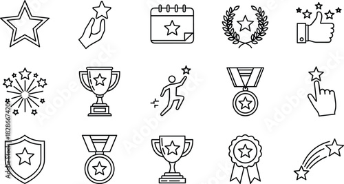 Achievement icons set, award star symbols, trophy, medal, laurel, recognition, excellence, success, celebration, cad drawing flat vector illustration
