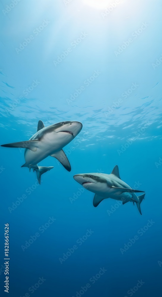 Fototapeta premium Two sharks swimming together in clear blue ocean water