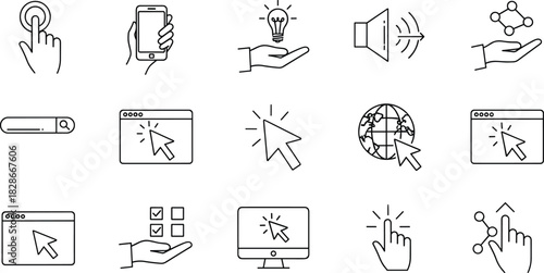Digital interaction icons set, user interface symbols, cursor click, web access, mobile device, science, technology, search, innovation, connectivity, cad drawing flat vector illustration