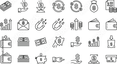 Finance icons set, money symbols, banking vector, investment graphics, economy line art, cad drawing flat vector illustration