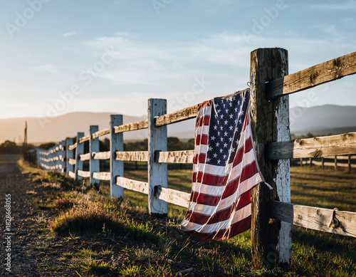 American Flag on Old Fence
