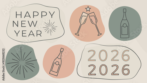 Festive new year 2026 celebration with champagne glasses and fireworks