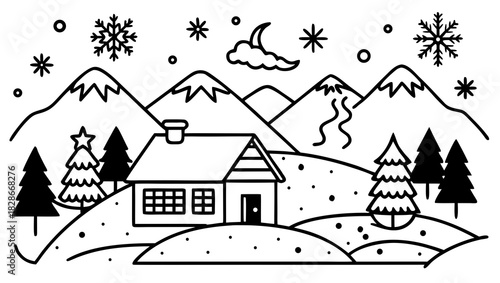 Winter landscape with a cozy house in line art