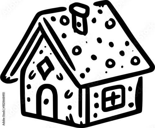 whimsical black white gingerbread house flat vector icon o2 | Clean, isolated vector art for creative projects.