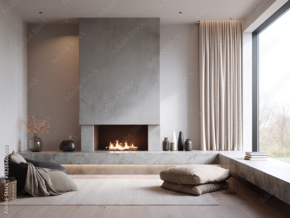 Fototapeta premium A living room with a fireplace and a window. A rug is on the floor. A book is on a table