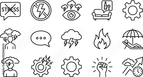 Stress Management, Anxiety, Mental Health, Relaxation, Thunderstorm Warning, Strength, and Cogwheel Gear Line Icons