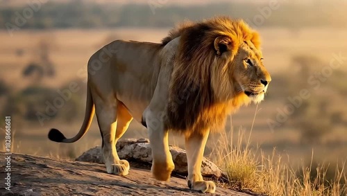 Majestic Male Lion Prowling Safari Savannah at Golden Hour Video