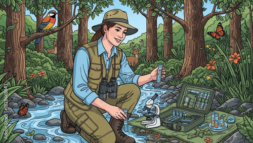 Environmental Field Worker Inspecting Mosquito Habitat in Nature