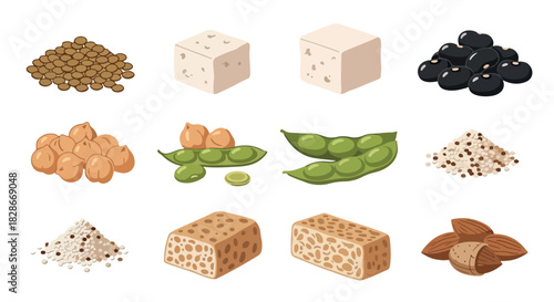 Various legumes, nuts, and tofu collection