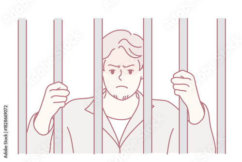 man behind prison bars looking distraught, sketch illustration of suited professional gripping vertical bars, furrowed brow, downcast gaze, tense hands, muted pastel palette, minimal line