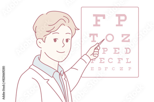 caucasian optometrist pointing at eye chart during routine vision test in bright clinic, friendly expression, instructive gesture toward snellen chart, soft pastel drawing, minimal medical