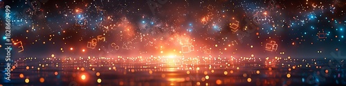 Panoramic view of a vibrant cosmic nebula with glowing particles and reflections, creating a mesmerizing celestial spectacle
