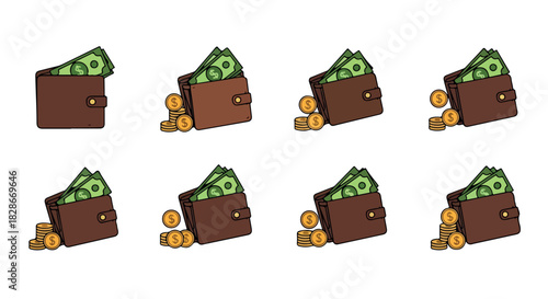 Wallet with money and coins set