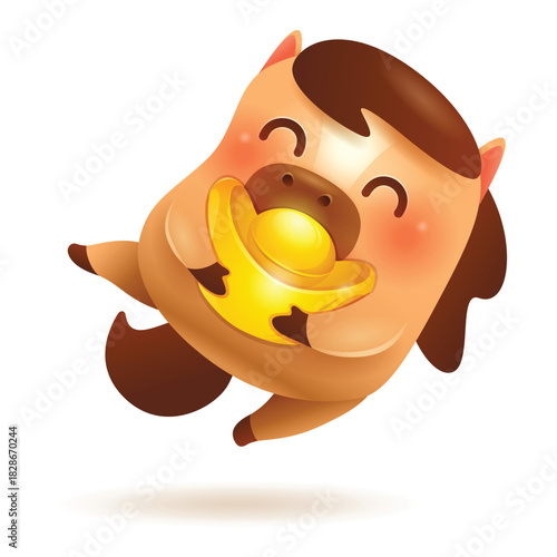 Cute Little Cartoon Horse. Chinese Golden Ingot