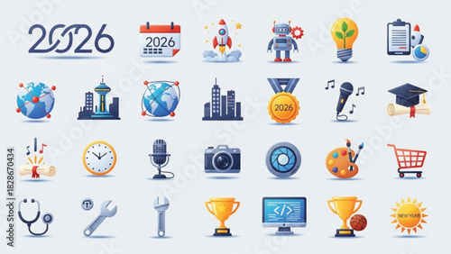 A large collection of colorful, flat 3D icons representing various future trends and concepts for the year 2026. Themes include technology (robotics, coding), science (rocket, globe), education .