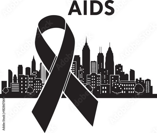 World aids day awareness ribbon cityscape awareness symbol hope solidarity support cause
