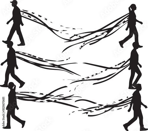 World aids day silhouettes of people walking with red ribbon abstract trails