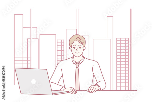 young caucasian businessman at laptop desk reviewing documents in downtown office skyline background, calm minimalist line-art illustration, tidy workspace with laptop coffee cup