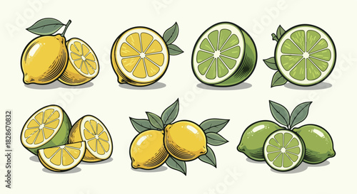 Lemons and limes slices with leaves