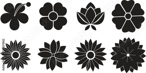 Black and white flower silhouette collection on white background