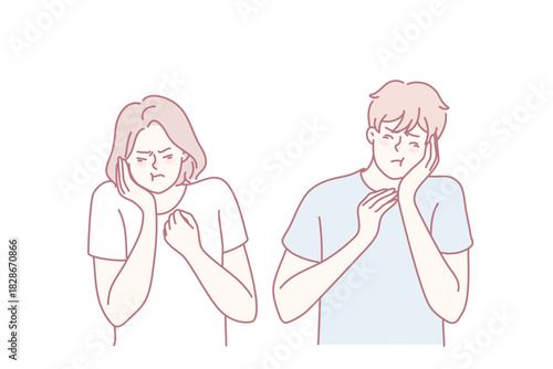 Unhealthy people suffer from toothache. Man and woman hold cheek struggle with painful teeth inflammation. Healthcare. Vector illustration.