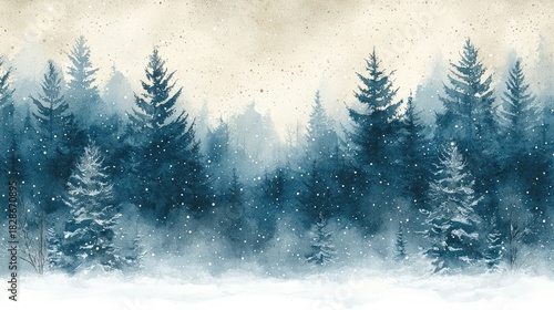 Snowy winter forest scene, watercolor painting, snowfall background, holiday card design