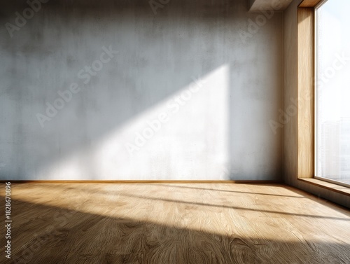 A large empty room with a window. The room is bare and has no furniture. The floor is made of wood