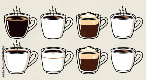 Coffee cups set with different drinks