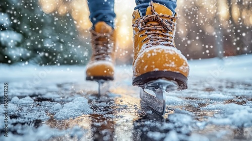 Ice skating boots on snowy winter park path
