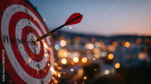 Arrow centered in target outdoors, illuminated by red-orange dusk light, symbolizing leadership, strategic accuracy, and success