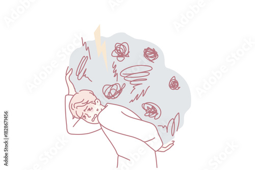 Tired man carrying huge boulder of problems on back. Unhappy exhausted guy with burden of anxiety and overthinking. Stress free life concept. Vector illustration.